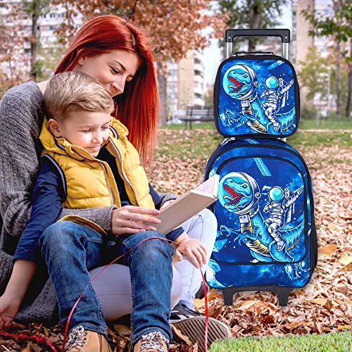 KLFVB Rolling Backpack for Boys, Kids Roller Wheels School Bookbag with Lunch Bag, Wheeled School Bag for Children - Dinosaur