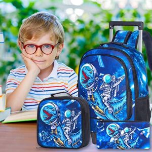 KLFVB Rolling Backpack for Boys, Kids Roller Wheels School Bookbag with Lunch Bag, Wheeled School Bag for Children - Dinosaur