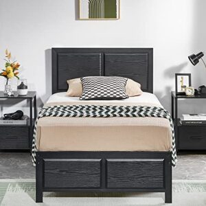 vecelo twin size platform bed frame with black wood headboard, mattress foundation, strong metal slats support, no box spring needed