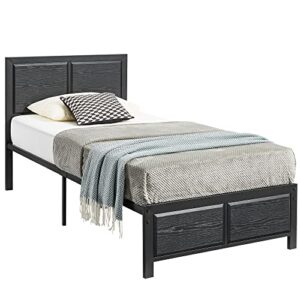 VECELO Twin Size Platform Bed Frame with Black Wood Headboard, Mattress Foundation, Strong Metal Slats Support, No Box Spring Needed