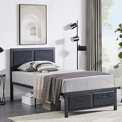 VECELO Twin Size Platform Bed Frame with Black Wood Headboard, Mattress Foundation, Strong Metal Slats Support, No Box Spring Needed