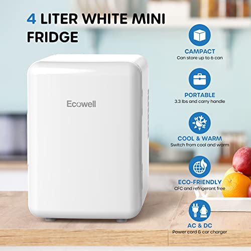 Ecowell WRE100 Mini Bedroom, 4L/6 Can Skincare Fridge, AC/DC Portable Compact Small Refrigerator for Office Dorm Car Desk for Skin Care Makeup Cosmetic, White