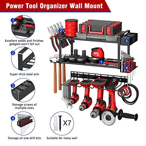 CHAMUTY Power Tool Organizer Wall Mount - Efficient Storage Rack for Garage with Drill Bit Holder and Tool Box Organizer for Men Dad Father Day Gift