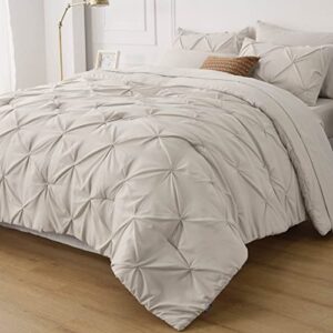 bedsure beige comforter set queen - bed in a bag queen 7 pieces, pintuck bedding sets beige bed set with comforter, sheets, pillowcases & shams