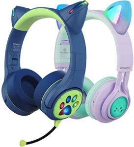 kids bluetooth headphones, 2 packs cat ear headphones with led light, boom mic&built-in mic for calls, 85db volume limited kids headphones wireless&wired for school tablet pc phones (purple&blue)