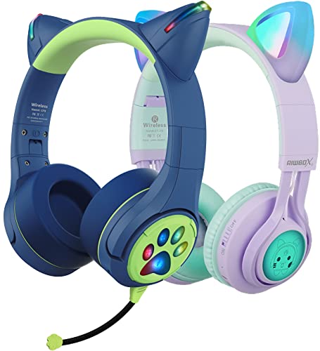 Kids Bluetooth Headphones, 2 Packs Cat Ear Headphones with LED Light, Boom Mic&Built-in Mic for Calls, 85dB Volume Limited Kids Headphones Wireless&Wired for School Tablet PC Phones (Purple&Blue)