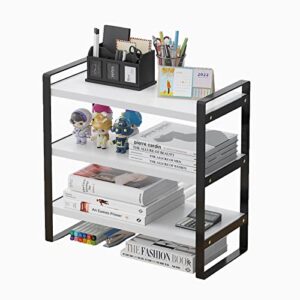 feejee 3 tiers desktop shelf organizers and storage with metal frame wood board racks for office, dorm, school small display shelves mini bookshelf corner shelving (frame black&tier white, 3 tiers)