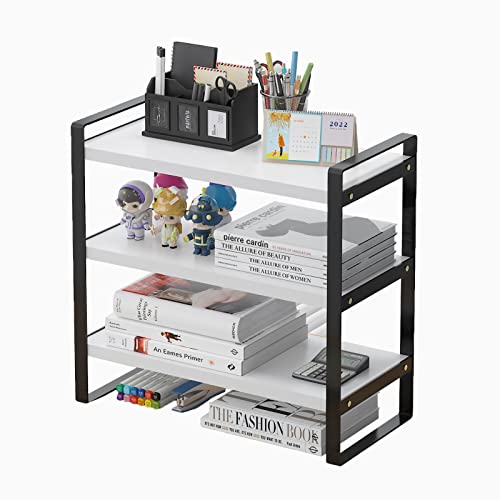 feejee 3 Tiers Desktop Shelf Organizers and Storage with Metal Frame Wood Board Racks for Office, Dorm, School Small Display Shelves Mini Bookshelf Corner Shelving (Frame Black&Tier White, 3 Tiers)