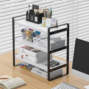 feejee 3 Tiers Desktop Shelf Organizers and Storage with Metal Frame Wood Board Racks for Office, Dorm, School Small Display Shelves Mini Bookshelf Corner Shelving (Frame Black&Tier White, 3 Tiers)