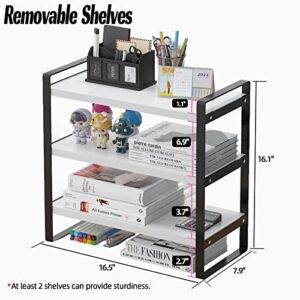 feejee 3 Tiers Desktop Shelf Organizers and Storage with Metal Frame Wood Board Racks for Office, Dorm, School Small Display Shelves Mini Bookshelf Corner Shelving (Frame Black&Tier White, 3 Tiers)