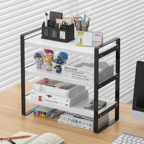 feejee 3 Tiers Desktop Shelf Organizers and Storage with Metal Frame Wood Board Racks for Office, Dorm, School Small Display Shelves Mini Bookshelf Corner Shelving (Frame Black&Tier White, 3 Tiers)