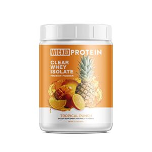 wicked protein powder, clear whey isolate, 23g protein, 95 calories, refreshing juice, clean label project certified, gluten free, post workout recovery, protein for women and men (tropical punch)