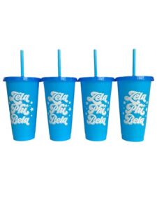 sorority shop zeta phi beta glitter color changing cups - pack of 4 reusable cups with lids and straws, zeta phi beta cup, perfect size 24 oz tumbler cups, with cool retro design logo