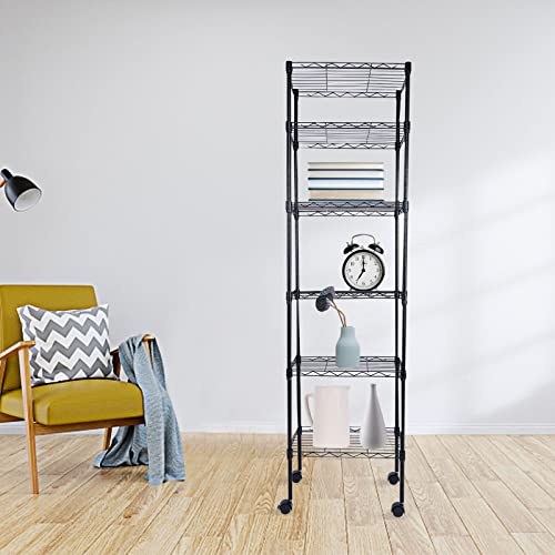 YSSOA Heavy Duty 6-Shelf Shelving with Wheels, with Hanging Hooks, Wire Shelving, Adjustable Storage Units, 17'' D x 11'' W x 63'' H, 6 Tier, Black