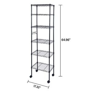 YSSOA Heavy Duty 6-Shelf Shelving with Wheels, with Hanging Hooks, Wire Shelving, Adjustable Storage Units, 17'' D x 11'' W x 63'' H, 6 Tier, Black