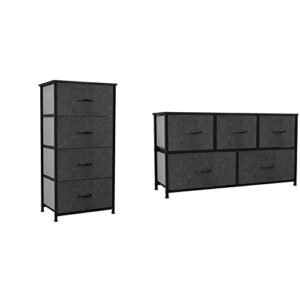 YITAHOME Storage Tower with 4 Drawers & Wooden Top (Black Grey) & Storage Dresser, Wide 5 Drawers, Black Grey