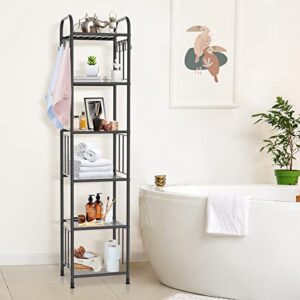 6 Tier Narrow Metal Bathroom Towel Storage Shelving Unit with 10Pcs S Hooks, Freestanding Corner Rack Shelves for Small Spaces, Practical Shelf Bookshelf for Bedroom Pantry Laundry Kitchen (Black)…