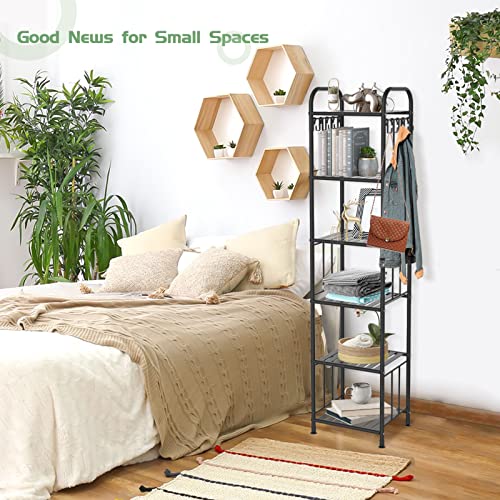 6 Tier Narrow Metal Bathroom Towel Storage Shelving Unit with 10Pcs S Hooks, Freestanding Corner Rack Shelves for Small Spaces, Practical Shelf Bookshelf for Bedroom Pantry Laundry Kitchen (Black)…