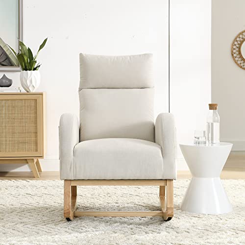 Antetek Rocking Glider Chair for Nursery, Modern Fabric Accent Rocker Chair Upholstered Tall Back Arm Chair w/Side Pockets, Modern Leisure Single Sofa for Living Room, Hotel, Bedroom, Office, Beige