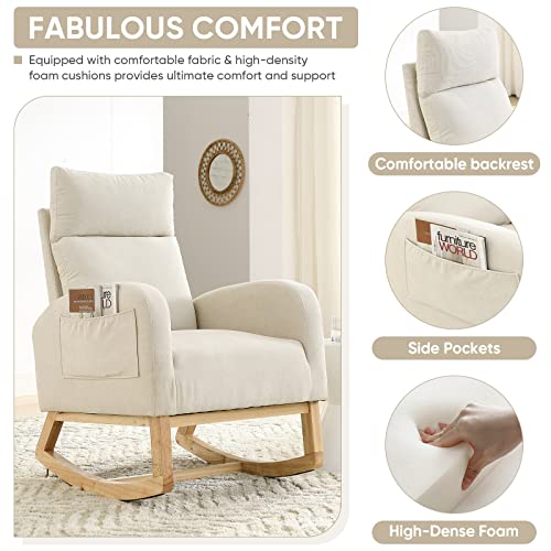 Antetek Rocking Glider Chair for Nursery, Modern Fabric Accent Rocker Chair Upholstered Tall Back Arm Chair w/Side Pockets, Modern Leisure Single Sofa for Living Room, Hotel, Bedroom, Office, Beige