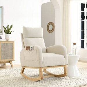 Antetek Rocking Glider Chair for Nursery, Modern Fabric Accent Rocker Chair Upholstered Tall Back Arm Chair w/Side Pockets, Modern Leisure Single Sofa for Living Room, Hotel, Bedroom, Office, Beige