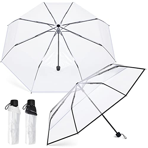 2 Pcs Clear Umbrella Transparent Portable Umbrella Compact Foldable Umbrella Manual Open Close Folding Umbrellas for Wedding Travel, Dating(Black, White)