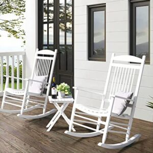 VEIKOU Outdoor Rocking Chairs, Set of 3 Wooden Rocking Chair All Weather Resistant Porch Rocker w/High Back & Side Table, Supports 275Lbs, White