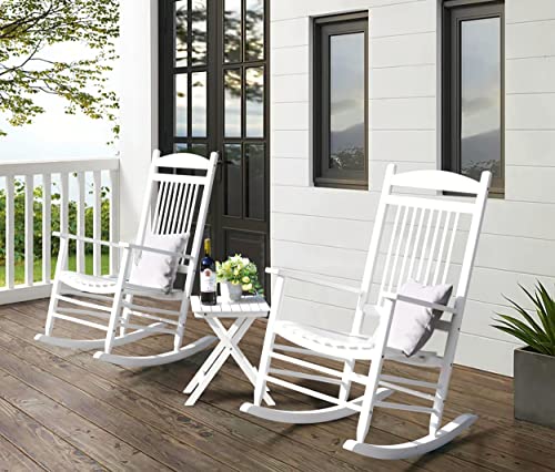 VEIKOU Outdoor Rocking Chairs, Set of 3 Wooden Rocking Chair All Weather Resistant Porch Rocker w/High Back & Side Table, Supports 275Lbs, White