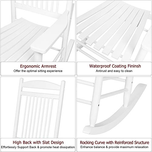 VEIKOU Outdoor Rocking Chairs, Set of 3 Wooden Rocking Chair All Weather Resistant Porch Rocker w/High Back & Side Table, Supports 275Lbs, White