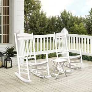 VEIKOU Outdoor Rocking Chairs, Set of 3 Wooden Rocking Chair All Weather Resistant Porch Rocker w/High Back & Side Table, Supports 275Lbs, White