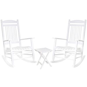 VEIKOU Outdoor Rocking Chairs, Set of 3 Wooden Rocking Chair All Weather Resistant Porch Rocker w/High Back & Side Table, Supports 275Lbs, White