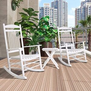 VEIKOU Outdoor Rocking Chairs, Set of 3 Wooden Rocking Chair All Weather Resistant Porch Rocker w/High Back & Side Table, Supports 275Lbs, White