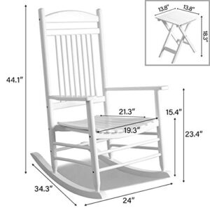 VEIKOU Outdoor Rocking Chairs, Set of 3 Wooden Rocking Chair All Weather Resistant Porch Rocker w/High Back & Side Table, Supports 275Lbs, White