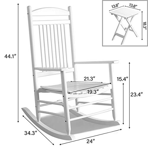 VEIKOU Outdoor Rocking Chairs, Set of 3 Wooden Rocking Chair All Weather Resistant Porch Rocker w/High Back & Side Table, Supports 275Lbs, White