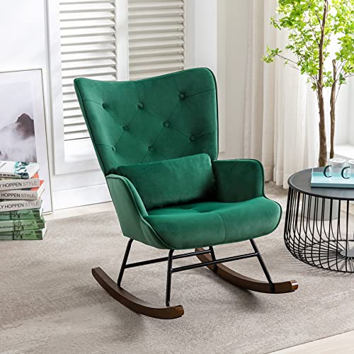 YOUTHUP Rocking Chair Nursery, Solid Wood Legs Reading Chair with Lazy Velvet Upholstered and Waist Pillow, Nap Armchair for Living Rooms, Bedrooms, Offices, Best Gift, Green