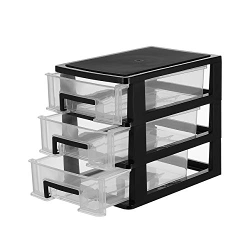 CLISPEED Three- layer Plastic Drawers Dresser Desktop Organizer Stackable Storage Closet Portable Storage Cabinet Multifunction Storage Rack for Office Bedroom Bathroom ( Black and Transparent )