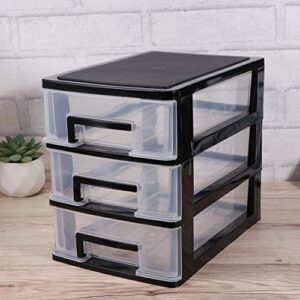 CLISPEED Three- layer Plastic Drawers Dresser Desktop Organizer Stackable Storage Closet Portable Storage Cabinet Multifunction Storage Rack for Office Bedroom Bathroom ( Black and Transparent )