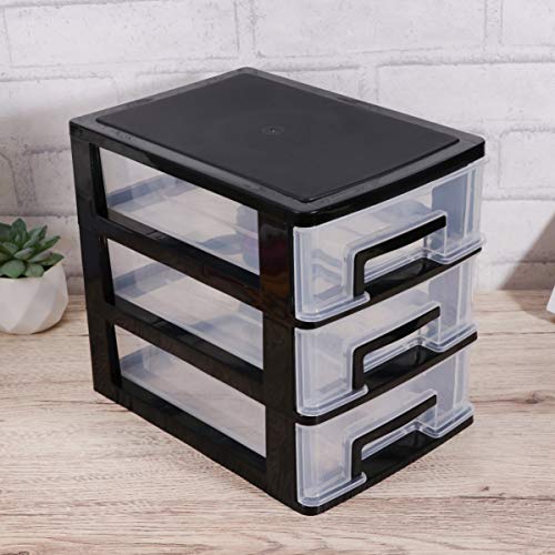 CLISPEED Three- layer Plastic Drawers Dresser Desktop Organizer Stackable Storage Closet Portable Storage Cabinet Multifunction Storage Rack for Office Bedroom Bathroom ( Black and Transparent )