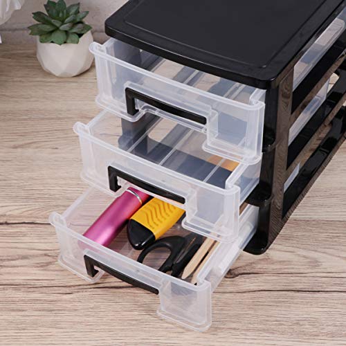 CLISPEED Three- layer Plastic Drawers Dresser Desktop Organizer Stackable Storage Closet Portable Storage Cabinet Multifunction Storage Rack for Office Bedroom Bathroom ( Black and Transparent )