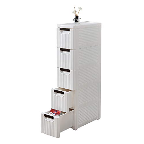 Dresser Storage Drawer Units Narrow Rolling Storage Cabinet Plastic Drawer Storage Cart on Wheels,Standing Shelf Units for Bathroom Bedroom Office Kitchen Living Room (White-5-Tire with Wheels)