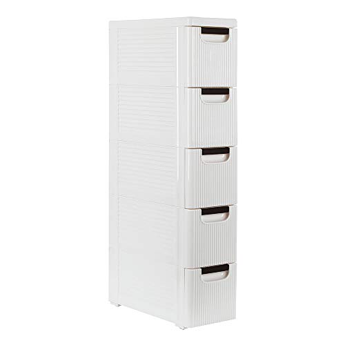 Dresser Storage Drawer Units Narrow Rolling Storage Cabinet Plastic Drawer Storage Cart on Wheels,Standing Shelf Units for Bathroom Bedroom Office Kitchen Living Room (White-5-Tire with Wheels)