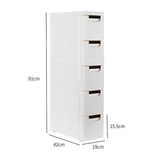 Dresser Storage Drawer Units Narrow Rolling Storage Cabinet Plastic Drawer Storage Cart on Wheels,Standing Shelf Units for Bathroom Bedroom Office Kitchen Living Room (White-5-Tire with Wheels)