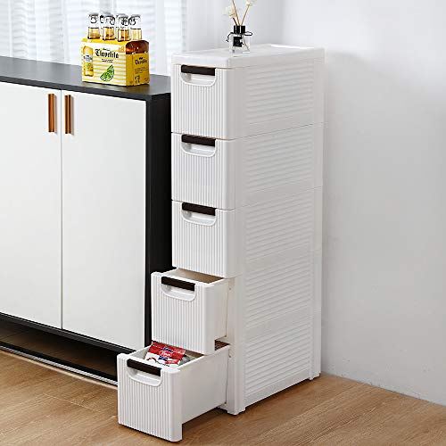 Dresser Storage Drawer Units Narrow Rolling Storage Cabinet Plastic Drawer Storage Cart on Wheels,Standing Shelf Units for Bathroom Bedroom Office Kitchen Living Room (White-5-Tire with Wheels)