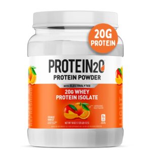 protein2o 20g whey protein isolate powder tub, low carbs, sugar free, plus electrolytes, orange mango, 16 servings, 1.4 pounds