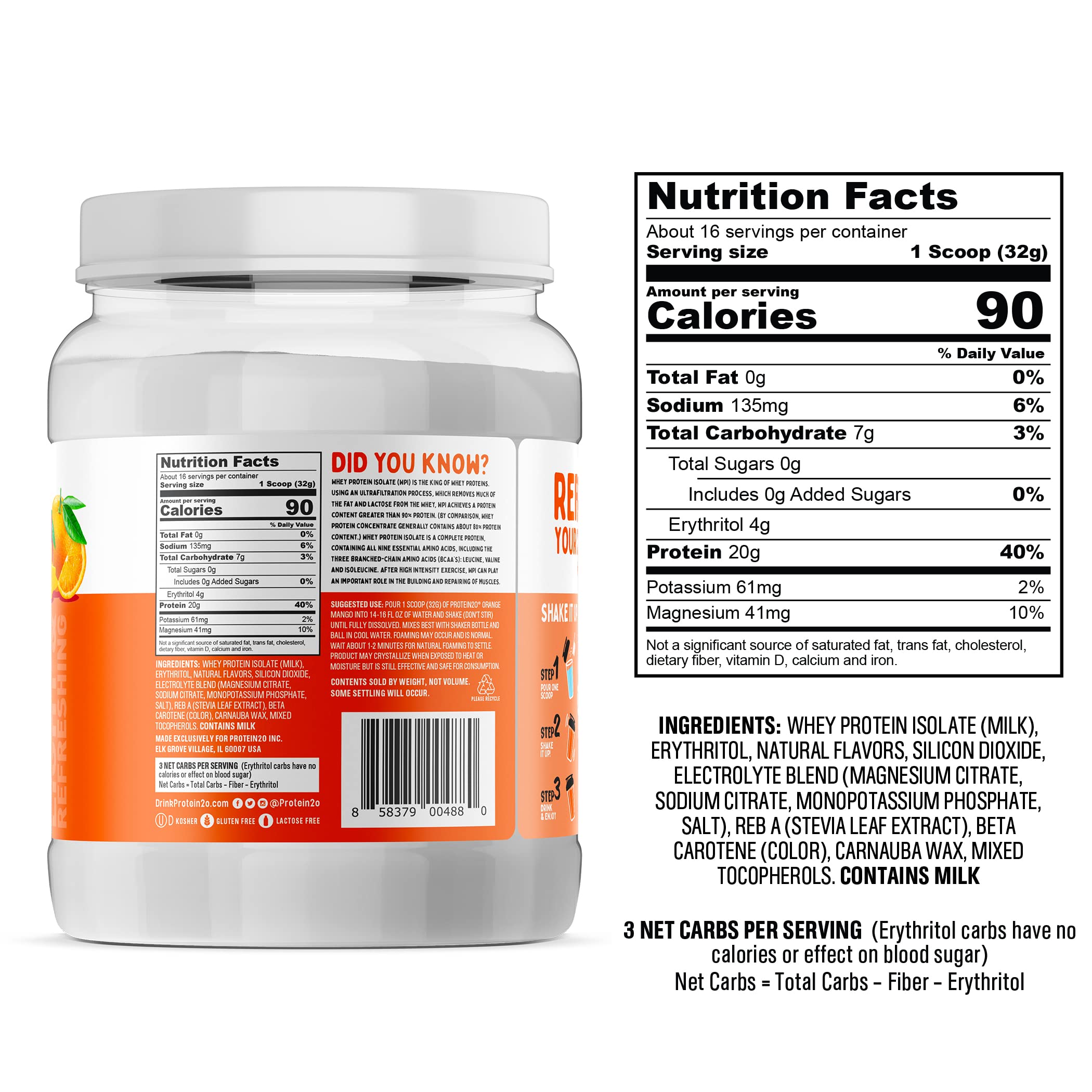 Protein2o 20g Whey Protein Isolate Powder Tub, Low Carbs, Sugar Free, Plus Electrolytes, Orange Mango, 16 Servings, 1.4 pounds