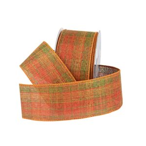 royal imports fall checkered plaid print ribbon wired, orange/green, 2.5" (#40) for bow making, gift wrapping, wreaths, 25 yd roll (75 ft spool)