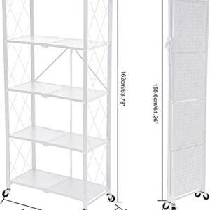 MagicFox Foldable Storage Shelf Unit on Wheels Large Capacity (No Assembly) Heavy Duty Steel 5-Shelving Organizer Rack for Kitchen, Garage and Laundry Bathroom Tool Organization(5 Tier (White)