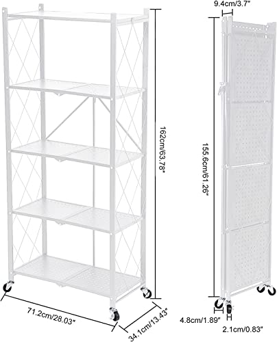 MagicFox Foldable Storage Shelf Unit on Wheels Large Capacity (No Assembly) Heavy Duty Steel 5-Shelving Organizer Rack for Kitchen, Garage and Laundry Bathroom Tool Organization(5 Tier (White)