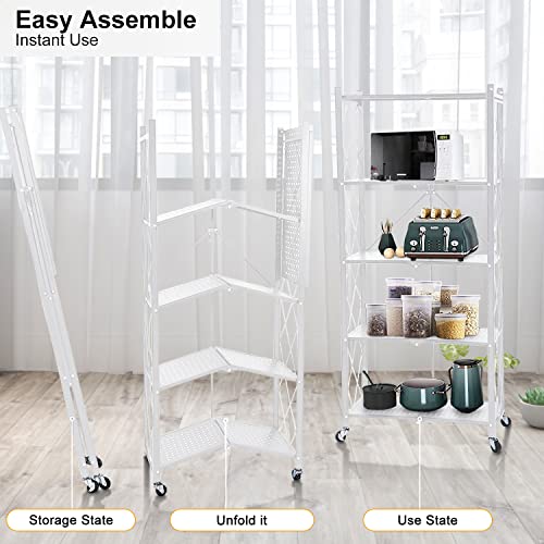 MagicFox Foldable Storage Shelf Unit on Wheels Large Capacity (No Assembly) Heavy Duty Steel 5-Shelving Organizer Rack for Kitchen, Garage and Laundry Bathroom Tool Organization(5 Tier (White)