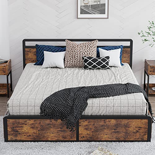 LIKIMIO Queen Bed Frame with Storage, Adjustable Headboard and 4 Drawers, Sturdy and Practical, No Noise, No Box Spring Needed, Easy Assembly, Vintage Brown
